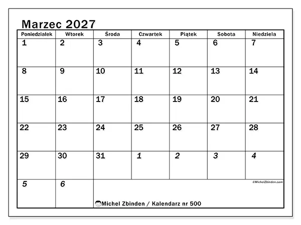 Kalendarz do druku na marzec 2027 - Intensywne planowanie