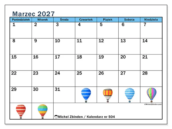 Kalendarz do druku na marzec 2027 - Balony na gorące powietrze