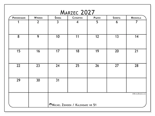 Kalendarz do druku na marzec 2027 - Planer posiłków