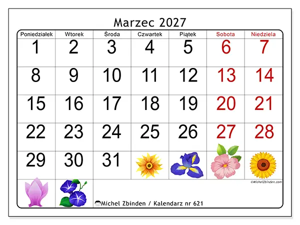 Kalendarz do druku na marzec 2027 - Duże kwiaty