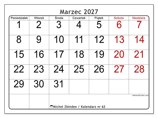 Kalendarz do druku na marzec 2027 - Szybki przegląd