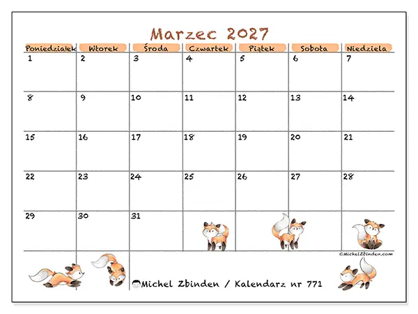 Kalendarz do druku na marzec 2027 - Rysunki lisów