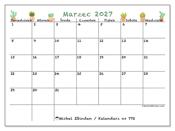 Kalendarz do druku na marzec 2027 - Dekoracyjne kaktusy