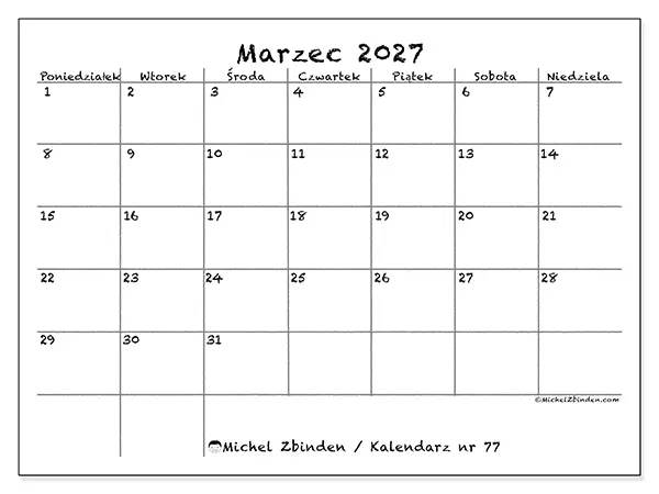Kalendarz do druku na marzec 2027 - Szkoła i rodzina