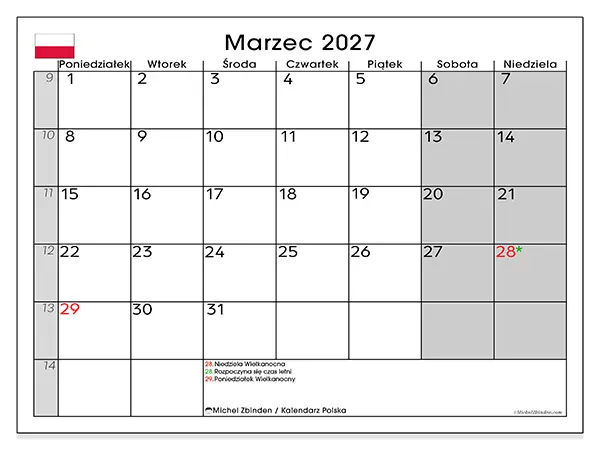 Kalendarz do druku na marzec 2027 - Polska