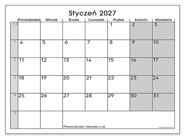 Kalendarz do druku na styczeń 2027 - Przejrzysty widok