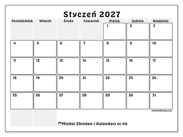 Kalendarz do druku na styczeń 2027 - Uporządkowane planowanie