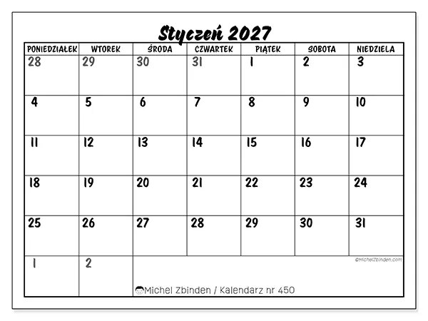 Kalendarz do druku na styczeń 2027 - Szczegółowy model