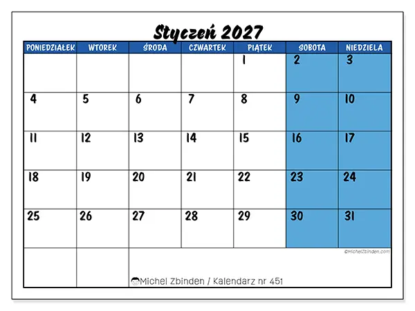 Kalendarz do druku na styczeń 2027 - Niebieski widok