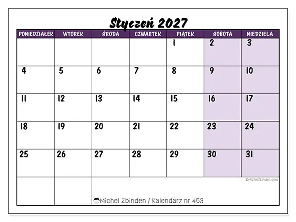 Kalendarz do druku na styczeń 2027 - Kolorowe zadania