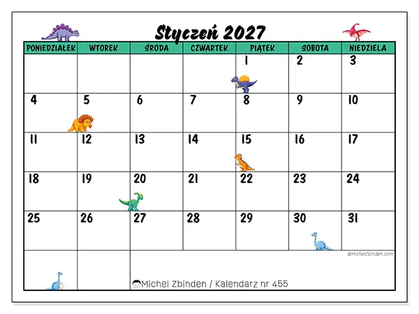Kalendarz do druku na styczeń 2027 - Małe dinozaury