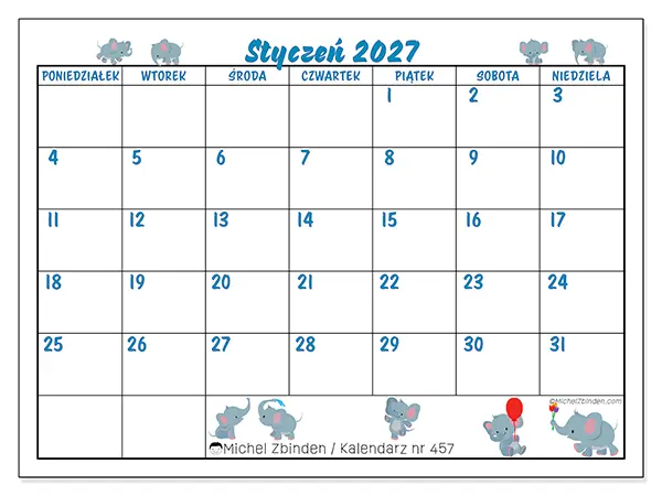 Kalendarz do druku na styczeń 2027 - Małe słonie