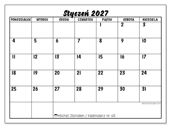 Kalendarz do druku na styczeń 2027 - Sukces szkolny