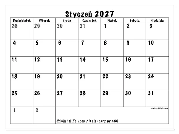 Kalendarz do druku na styczeń 2027 - Pełne planowanie