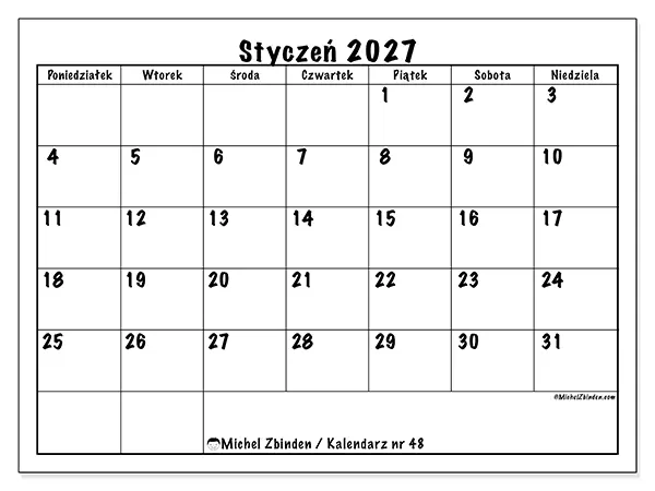 Kalendarz do druku na styczeń 2027 - Codzienne plany
