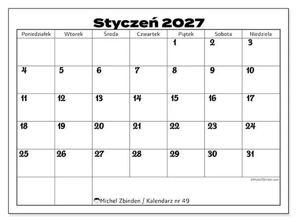 Kalendarz do druku na styczeń 2027 - Koordynacja pracy