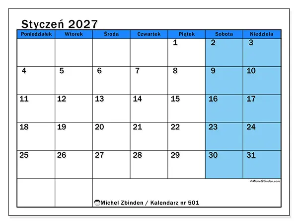 Kalendarz do druku na styczeń 2027 - Dynamiczne studia