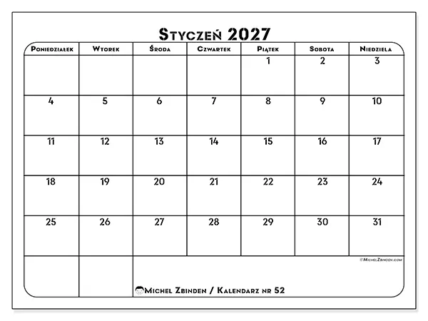 Kalendarz do druku na styczeń 2027 - Plan pracy