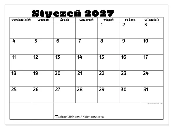 Kalendarz do druku na styczeń 2027 - Aktywności rodzinne