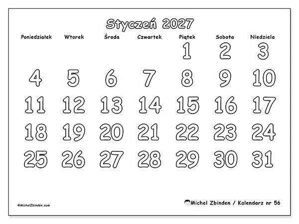 Kalendarz do druku na styczeń 2027 - Użyteczne kolorowanie