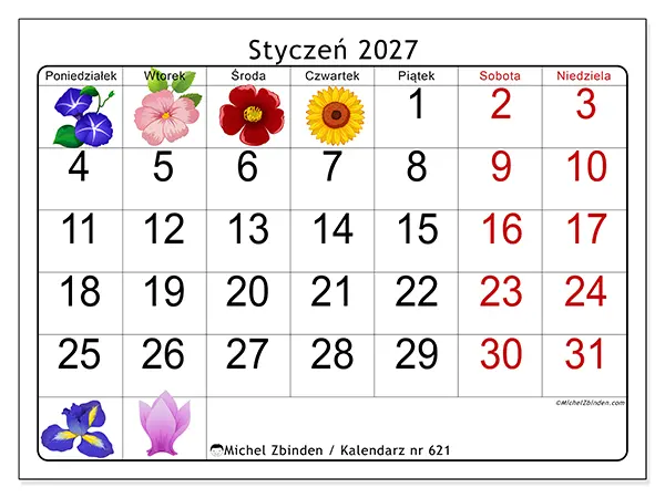 Kalendarz do druku na styczeń 2027 - Duże kwiaty