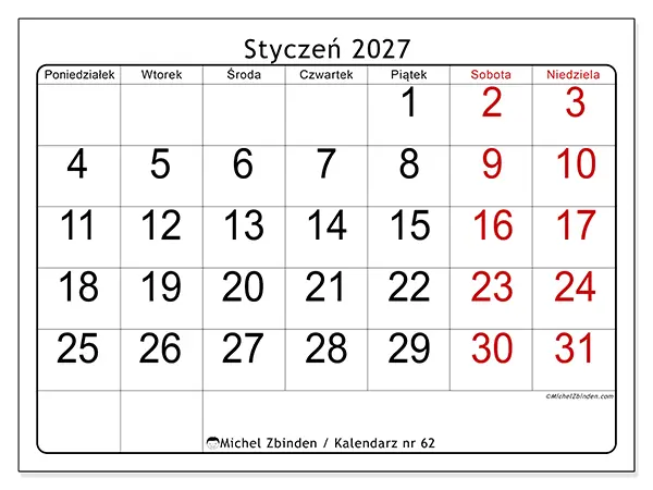 Kalendarz do druku na styczeń 2027 - Szybki przegląd