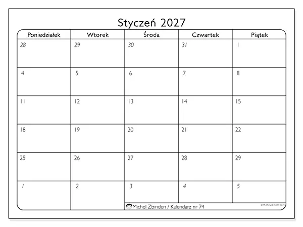 Kalendarz do druku na styczeń 2027 - Dni robocze
