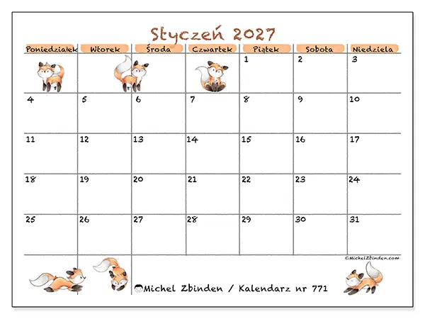 Kalendarz do druku na styczeń 2027 - Rysunki lisów