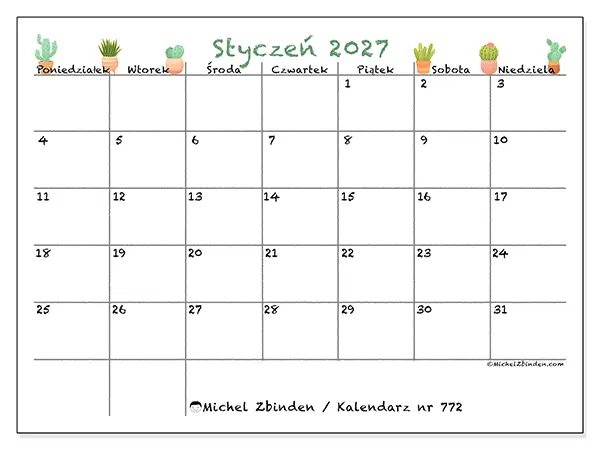 Kalendarz do druku na styczeń 2027 - Dekoracyjne kaktusy