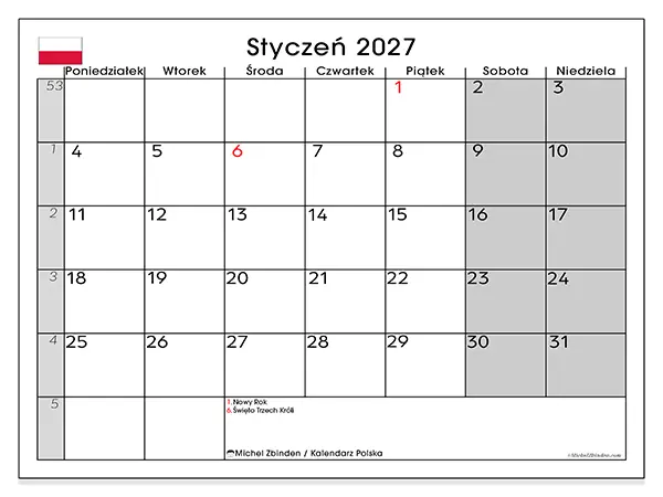 Kalendarz do druku na styczeń 2027 - Polska