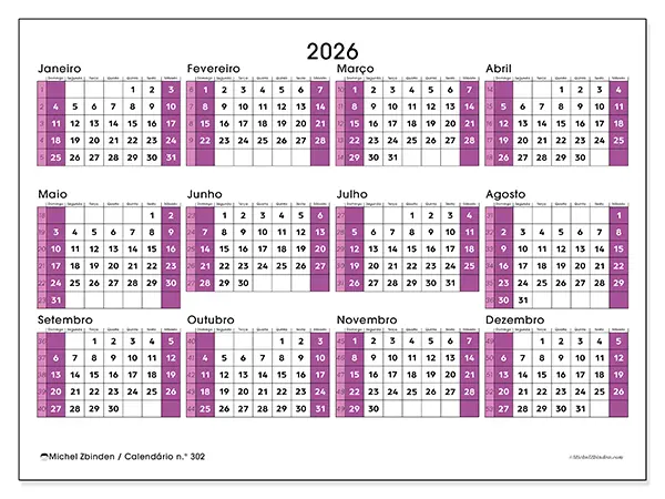 Calendário anual 2026 para imprimir - Escritório dinâmico - Semana de domingo a sábado