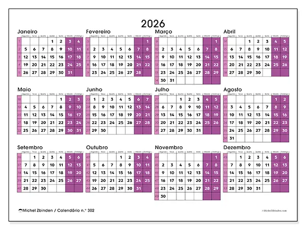 Calendário anual 2026 para imprimir - Escritório dinâmico
