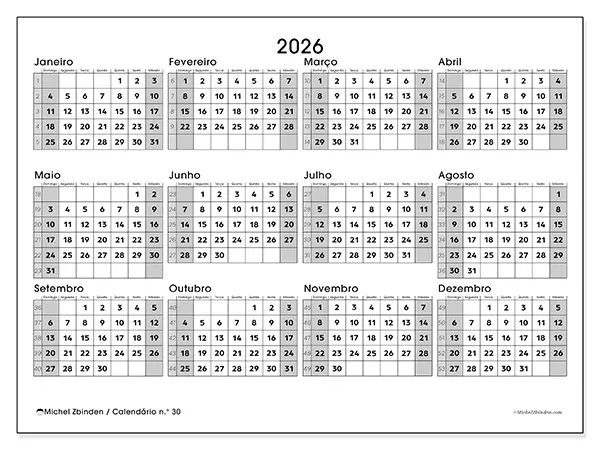 Calendário anual 2026 para imprimir - Organização completa - Semana de domingo a sábado
