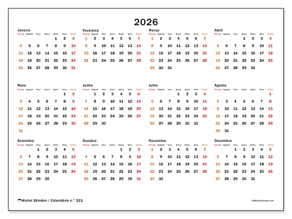 Calendário anual 2026 para imprimir - Fim de semana em destaque - Semana de domingo a sábado