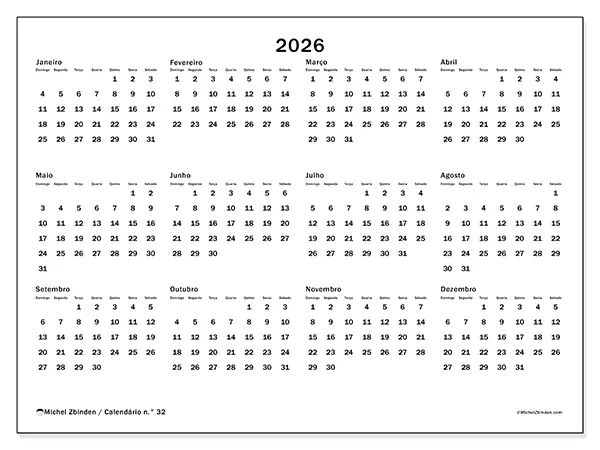 Calendário anual 2026 para imprimir - Organização global - Semana de domingo a sábado