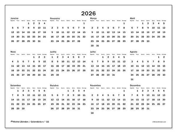 Calendário anual 2026 para imprimir - Organização global