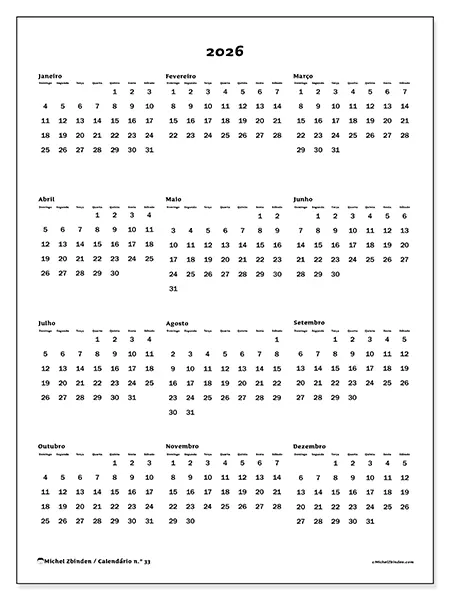 Calendário anual 2026 para imprimir - Visão geral - Semana de domingo a sábado