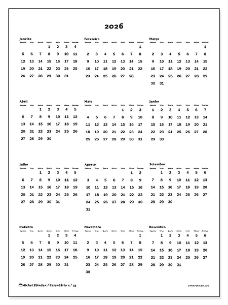 Calendário anual 2026 para imprimir - Visão geral