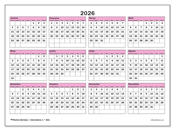 Calendário anual 2026 para imprimir - Planeamento e previsão - Semana de domingo a sábado