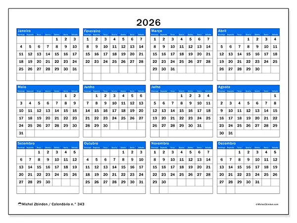 Calendário anual 2026 para imprimir - Visão estratégica - Semana de domingo a sábado