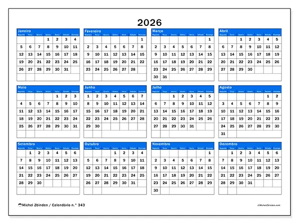 Calendário anual 2026 para imprimir - Visão estratégica