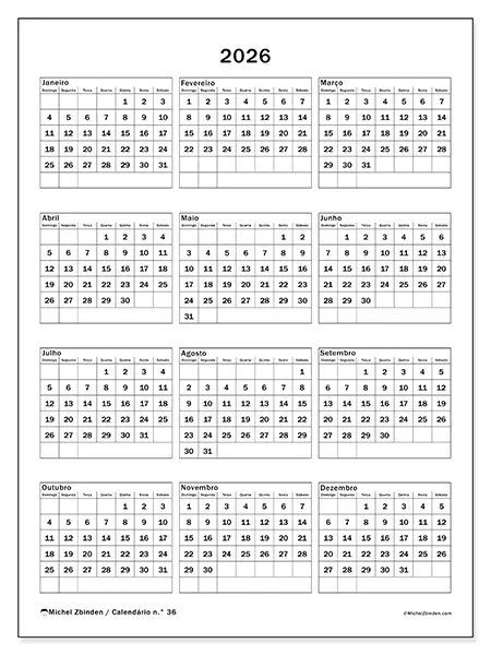 Calendário anual 2026 para imprimir - Festas em família - Semana de domingo a sábado