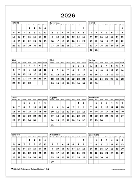 Calendário anual 2026 para imprimir - Festas em família