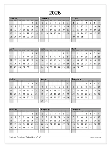 Calendário anual 2026 para imprimir - Sóbrio e profissional - Semana de domingo a sábado