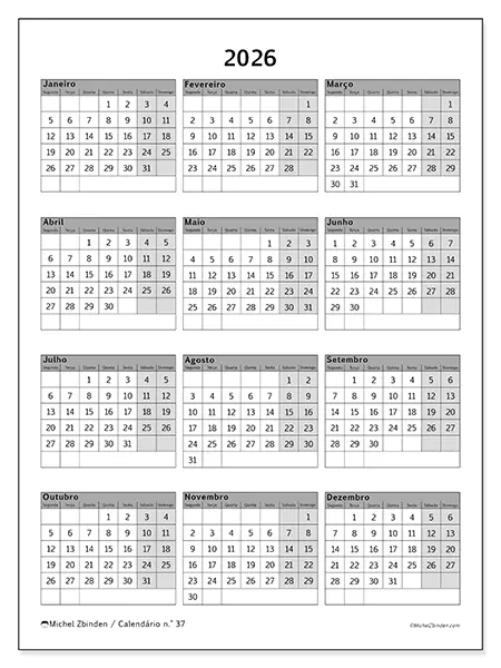 Calendário anual 2026 para imprimir - Sóbrio e profissional