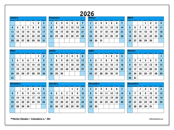 Calendário anual 2026 para imprimir - Organização em cores - Semana de domingo a sábado