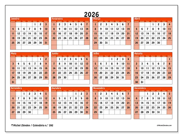 Calendário anual 2026 para imprimir - Planeamento colorido - Semana de domingo a sábado