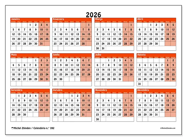 Calendário anual 2026 para imprimir - Planeamento colorido