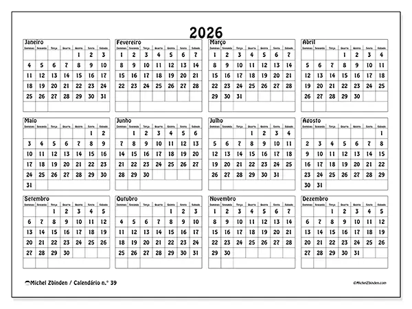 Calendário anual 2026 para imprimir - Escola e estudos - Semana de domingo a sábado