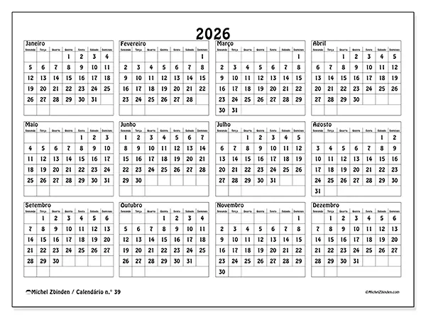 Calendário anual 2026 para imprimir - Escola e estudos